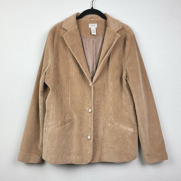 L.L. Bean Women's 14 Tan Corduroy 3 Button Collared Jacket Blazer Preppy Neutral - Picture 1 of 16